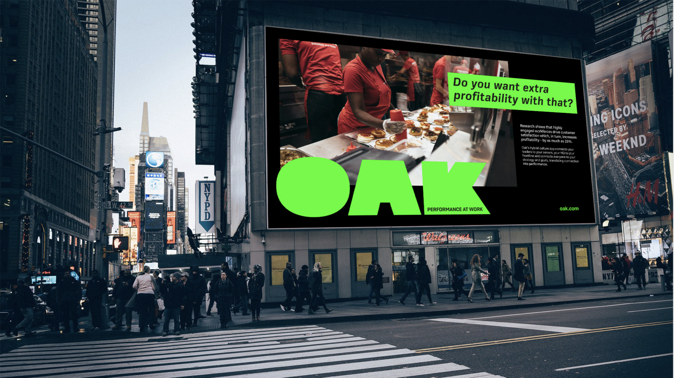 Five Guys and Oak logo on a billboard in a busy city street.