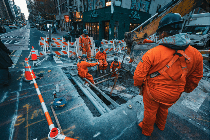 image of fiveconstruction workers in orange high vis boilersuits with protective headgear all working around a dug out section of road with roadsigns and traffic cones