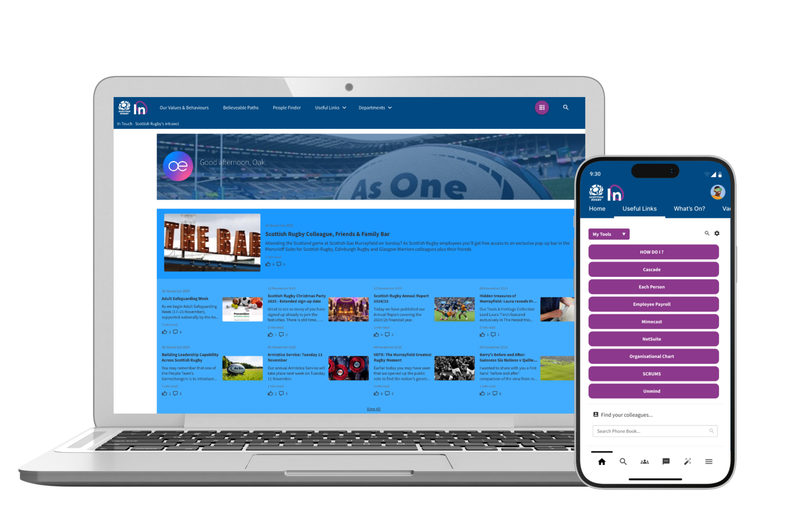 laptop and mobile view of scottish rugby's intranet no background