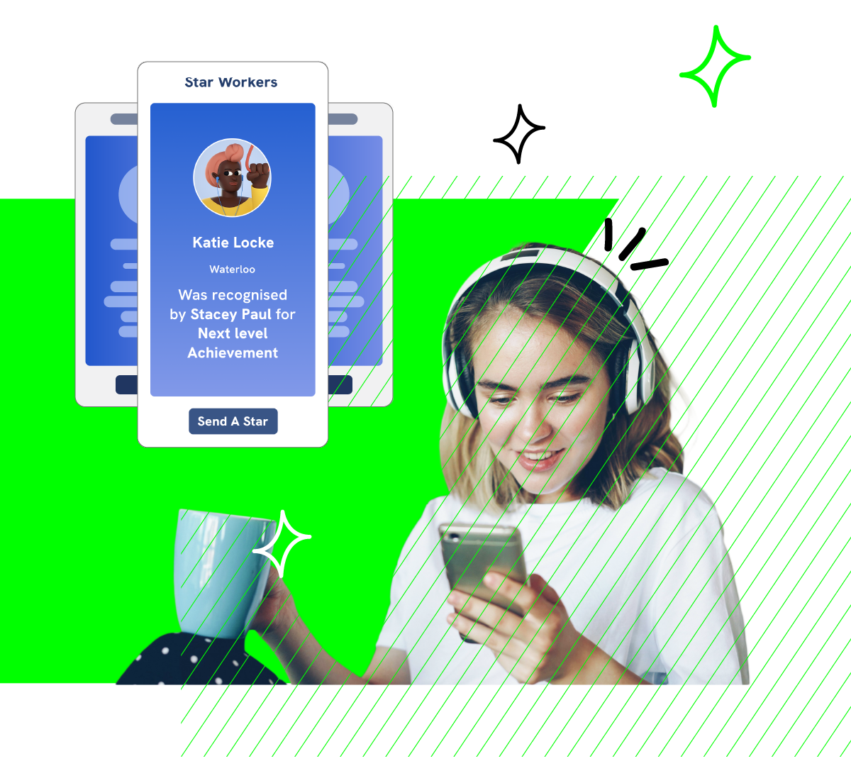 Promotional graphic for an employee recognition app, showing a person wearing headphones and using a smartphone while holding a mug. In the background, a digital "Star Workers" interface displays an employee recognition post featuring the name Katie Locke, her location, and an award for "Next level Achievement" given by Stacey Paul.