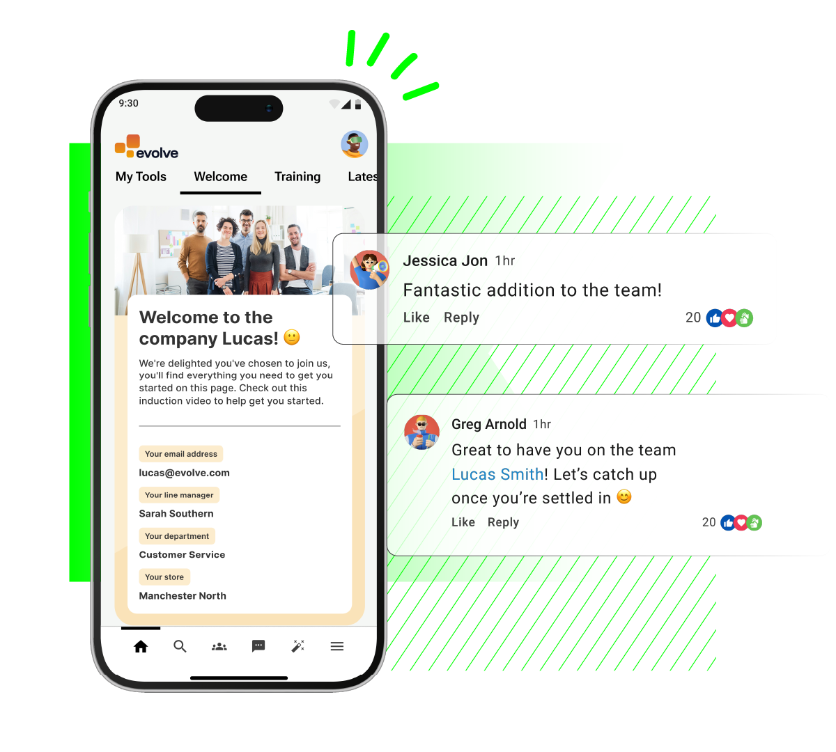 Graphic featuring a smartphone screen displaying an employee onboarding and welcome interface for an app named "evolve". The screen shows a welcome message addressed to "Lucas", with onboarding details including email address, line manager, department, and store location, alongside interactive comment bubbles from team members welcoming the new hire.