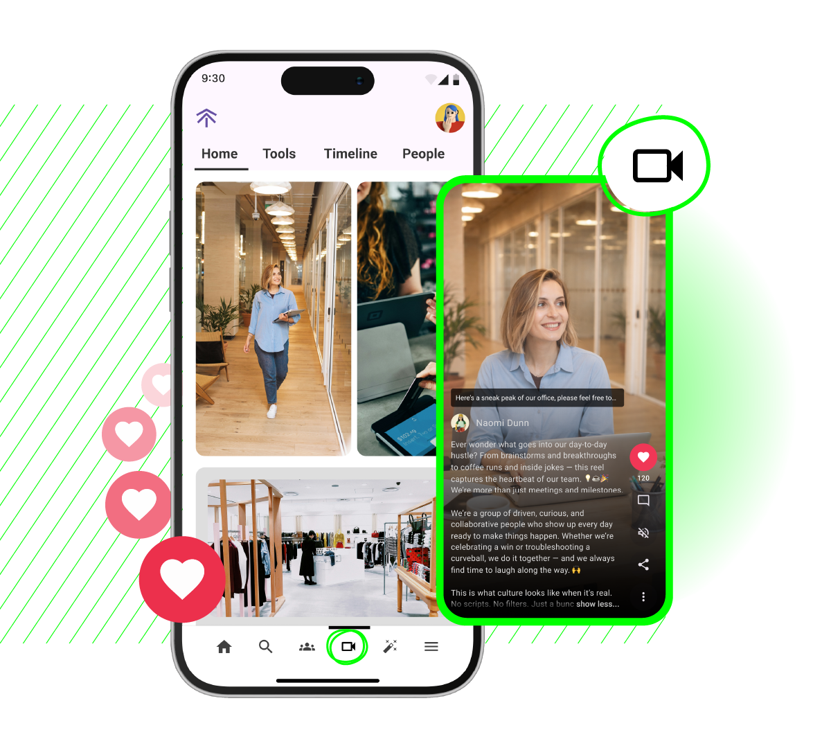 A mobile app interface for employee communication and culture sharing, featuring a video feed called "Moments". The screen displays a feed of office photos and an open video post by Naomi Dunn sharing a sneak peek of the workplace culture, with interactive elements like floating heart icons and a highlighted video menu option.