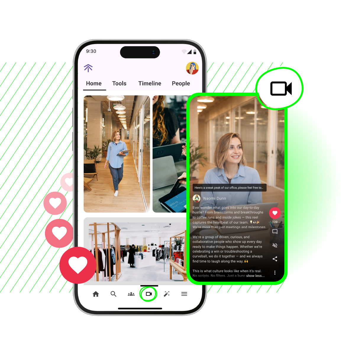 A mobile app interface for employee communication and culture sharing, featuring a video feed called "Moments". The screen displays a feed of office photos and an open video post by Naomi Dunn sharing a sneak peek of the workplace culture, with interactive elements like floating heart icons and a highlighted video menu option.