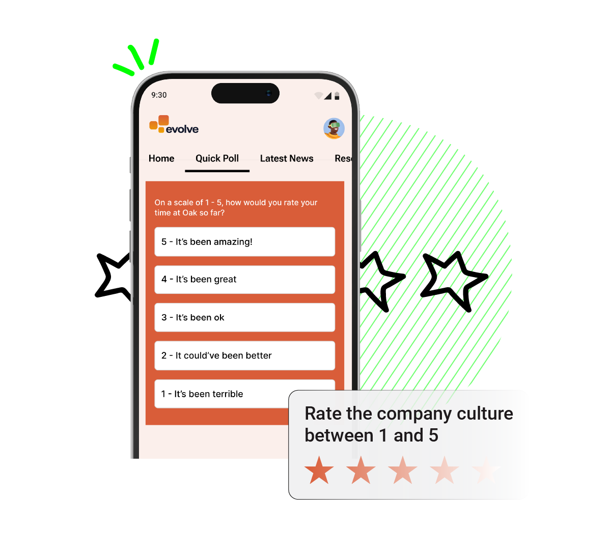 A smartphone app interface for employee feedback and engagement, featuring a quick poll question about company culture and satisfaction. The screen displays a rating scale from one to five, with interactive response options to measure employee engagement and workplace satisfaction.