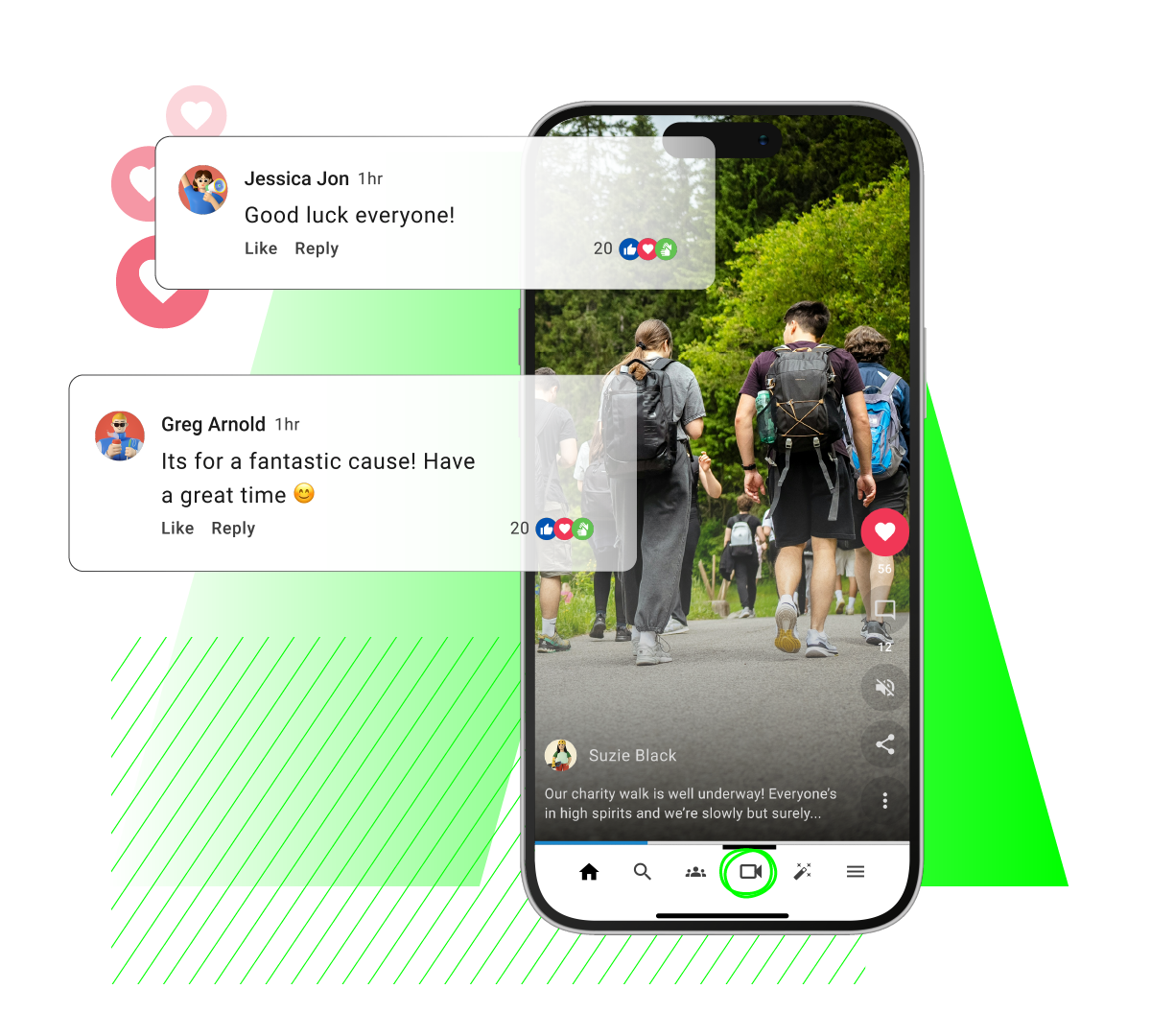 A promotional graphic featuring a smartphone displaying a short-form video feed on an employee engagement app. The video shows people walking on an outdoor charity walk. Overlaid on the screen are interactive comment bubbles from users named Jessica Jon and Greg Arnold, alongside social media engagement icons like a like button and share controls.
